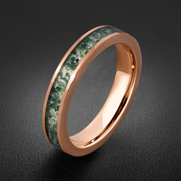 Moss Agate Ring, Rose Gold Tungsten Ring, Rose Gold Wedding Ring, Mens Wedding Band, Womens Ring, Anniversary Ring, Engagemen