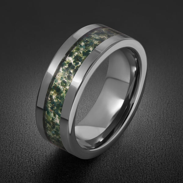 Moss Agate Ring, Silver Tungsten Ring, Silver Wedding Ring, Mens Wedding Band, Womens Ring, Anniversary Ring, Engagement Ring