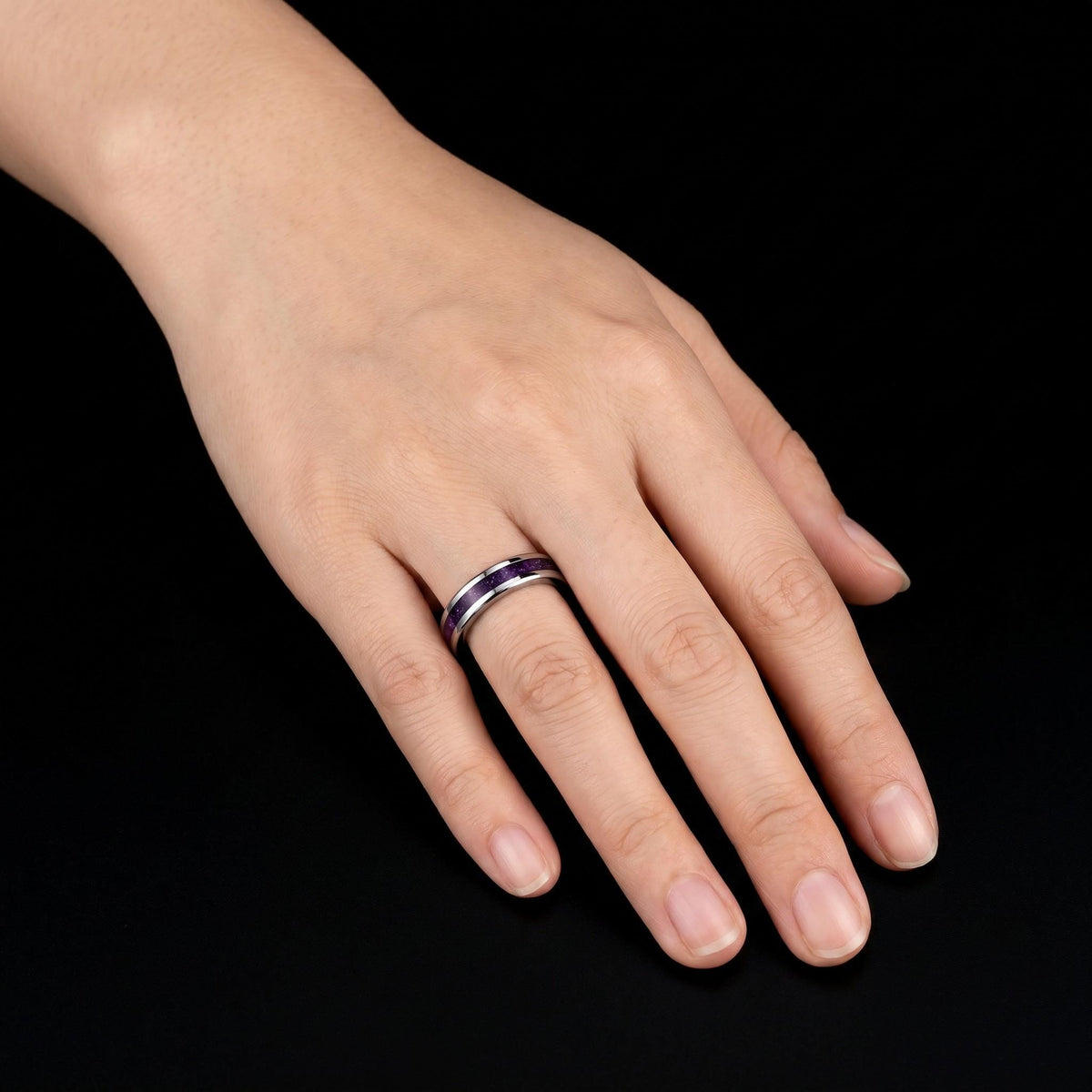 Men Amethyst Silver Ring ~ Purple Anniversary Promise Ring Gift for Couple ~ Tungsten Carbide Wedding Band ~ Unisex Festival