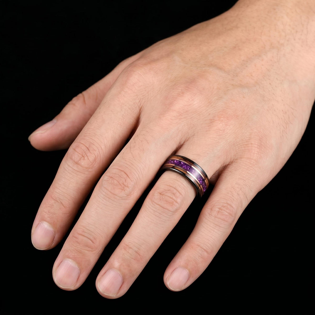 Black Amethyst Ring with Charred Whiskey Barrel ~ Rose Gold Strip Wedding Band ~ Nature Inspired Ring ~ Amethyst Wedding Band