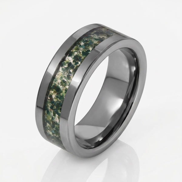 Moss Agate Ring, Silver Tungsten Ring, Silver Wedding Ring, Mens Wedding Band, Womens Ring, Anniversary Ring, Engagement Ring