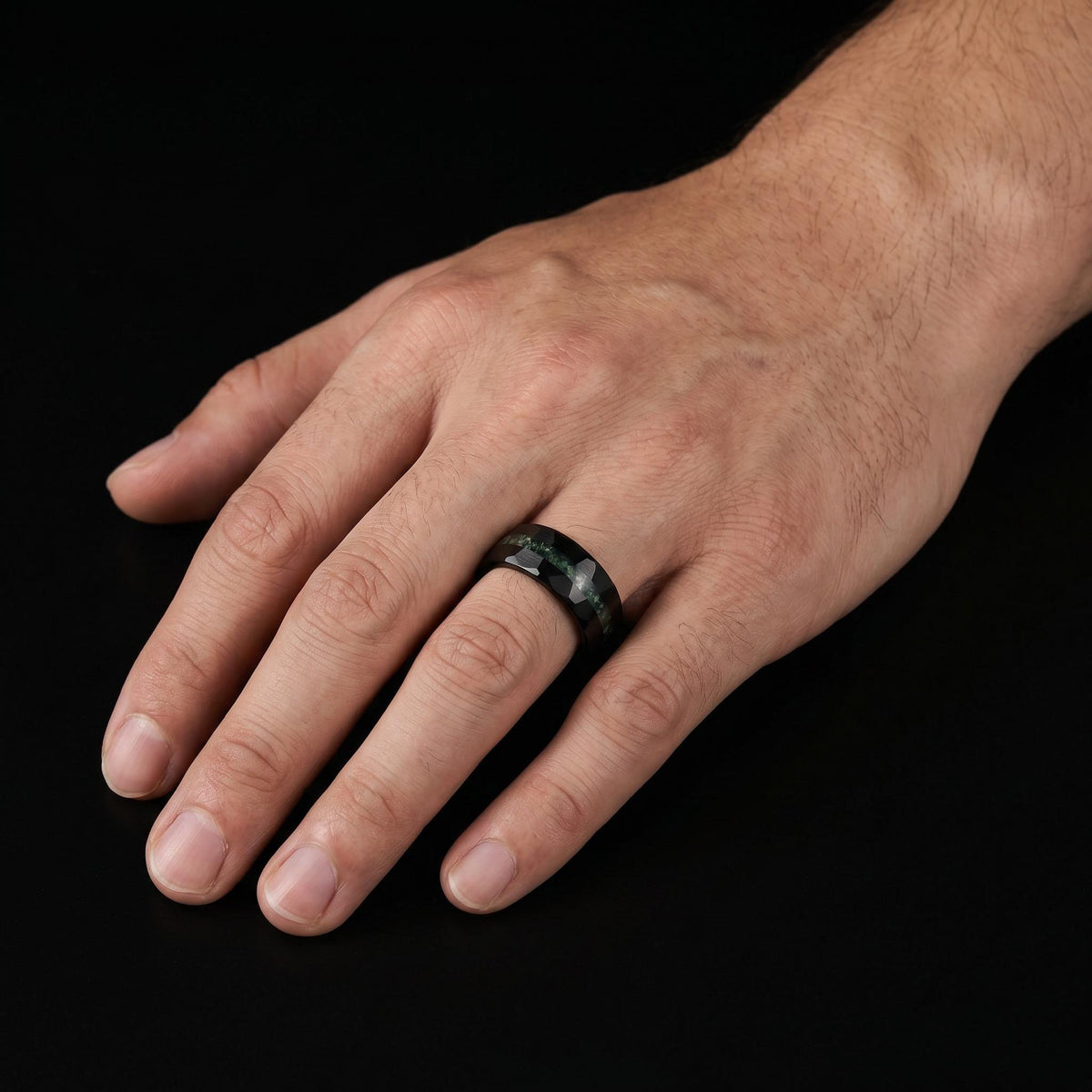 Moss Agate Ring, Hammered Tungsten Ring, Hammered Black Ring, Black Wedding Ring, Mens Wedding Band, Mens Ring, Anniversary R