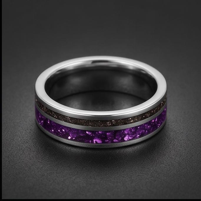 Tungsten Amethyst Meteorite Mens Ring ~ 8mm Silver Wedding Band ~ Purple Gem Ring for Him Anniversary Gift ~ Tungsten Men Pro