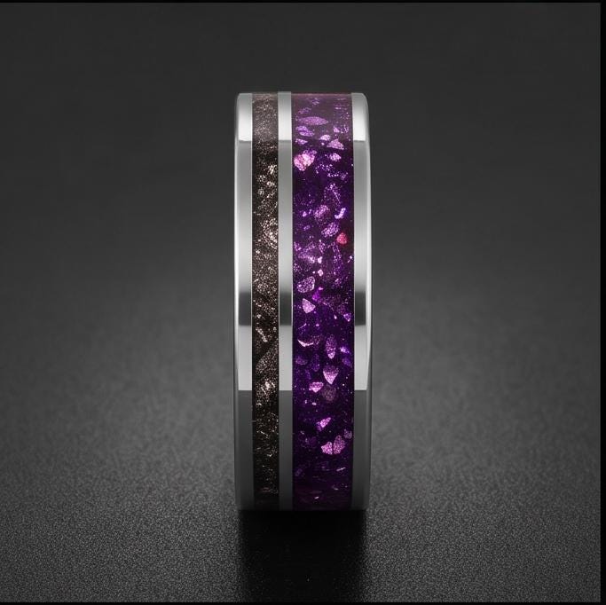 Tungsten Amethyst Meteorite Mens Ring ~ 8mm Silver Wedding Band ~ Purple Gem Ring for Him Anniversary Gift ~ Tungsten Men Pro