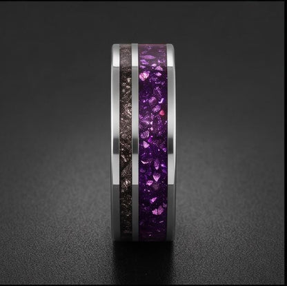 Tungsten Amethyst Meteorite Mens Ring ~ 8mm Silver Wedding Band ~ Purple Gem Ring for Him Anniversary Gift ~ Tungsten Men Pro