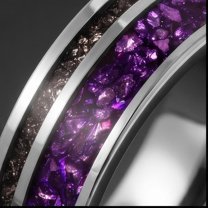 Tungsten Amethyst Meteorite Mens Ring ~ 8mm Silver Wedding Band ~ Purple Gem Ring for Him Anniversary Gift ~ Tungsten Men Pro