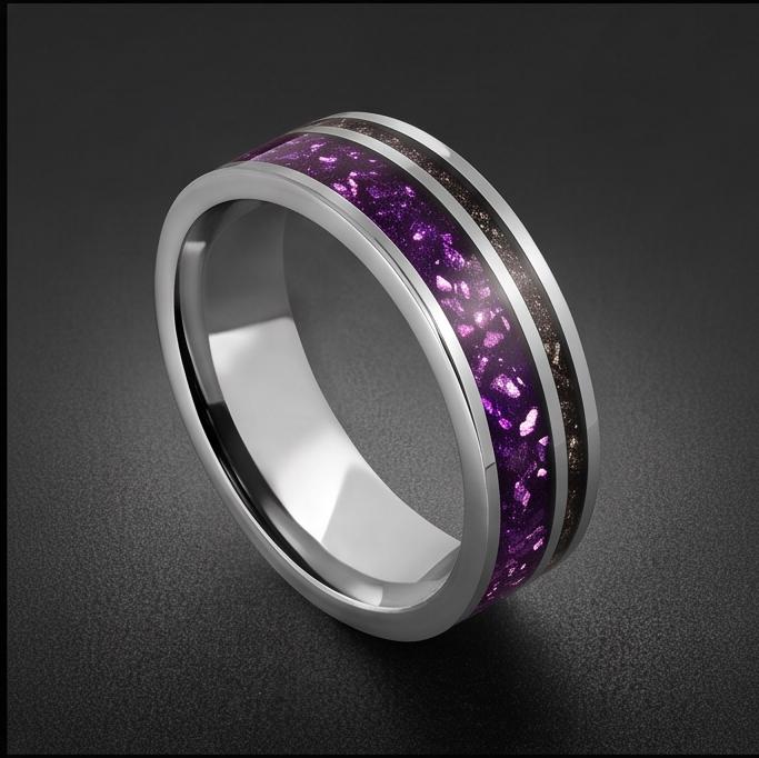 Tungsten Amethyst Meteorite Mens Ring ~ 8mm Silver Wedding Band ~ Purple Gem Ring for Him Anniversary Gift ~ Tungsten Men Pro