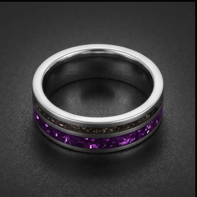 Tungsten Amethyst Meteorite Mens Ring ~ 8mm Silver Wedding Band ~ Purple Gem Ring for Him Anniversary Gift ~ Tungsten Men Pro