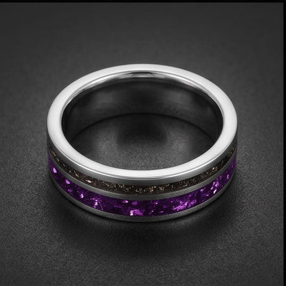 Tungsten Amethyst Meteorite Mens Ring ~ 8mm Silver Wedding Band ~ Purple Gem Ring for Him Anniversary Gift ~ Tungsten Men Pro