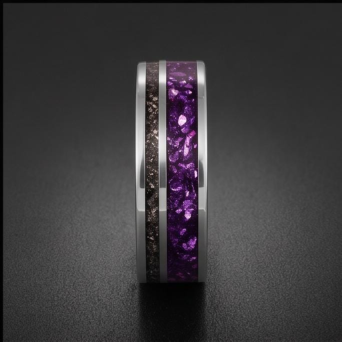 Tungsten Amethyst Meteorite Mens Ring ~ 8mm Silver Wedding Band ~ Purple Gem Ring for Him Anniversary Gift ~ Tungsten Men Pro