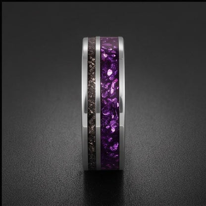 Tungsten Amethyst Meteorite Mens Ring ~ 8mm Silver Wedding Band ~ Purple Gem Ring for Him Anniversary Gift ~ Tungsten Men Pro