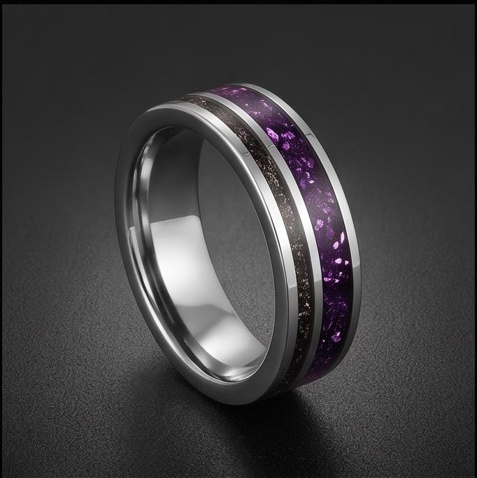 Tungsten Amethyst Meteorite Mens Ring ~ 8mm Silver Wedding Band ~ Purple Gem Ring for Him Anniversary Gift ~ Tungsten Men Pro