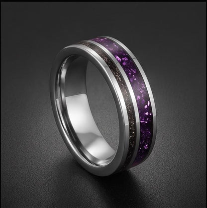 Tungsten Amethyst Meteorite Mens Ring ~ 8mm Silver Wedding Band ~ Purple Gem Ring for Him Anniversary Gift ~ Tungsten Men Pro