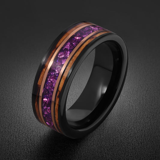 Black Amethyst Ring with Charred Whiskey Barrel ~ Rose Gold Strip Wedding Band ~ Nature Inspired Ring ~ Amethyst Wedding Band