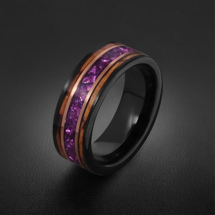 Black Amethyst Ring with Charred Whiskey Barrel ~ Rose Gold Strip Wedding Band ~ Nature Inspired Ring ~ Amethyst Wedding Band