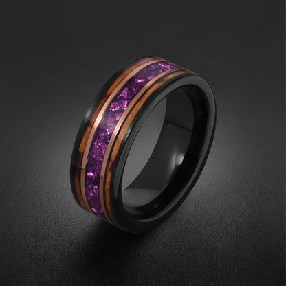 Black Amethyst Ring with Charred Whiskey Barrel ~ Rose Gold Strip Wedding Band ~ Nature Inspired Ring ~ Amethyst Wedding Band