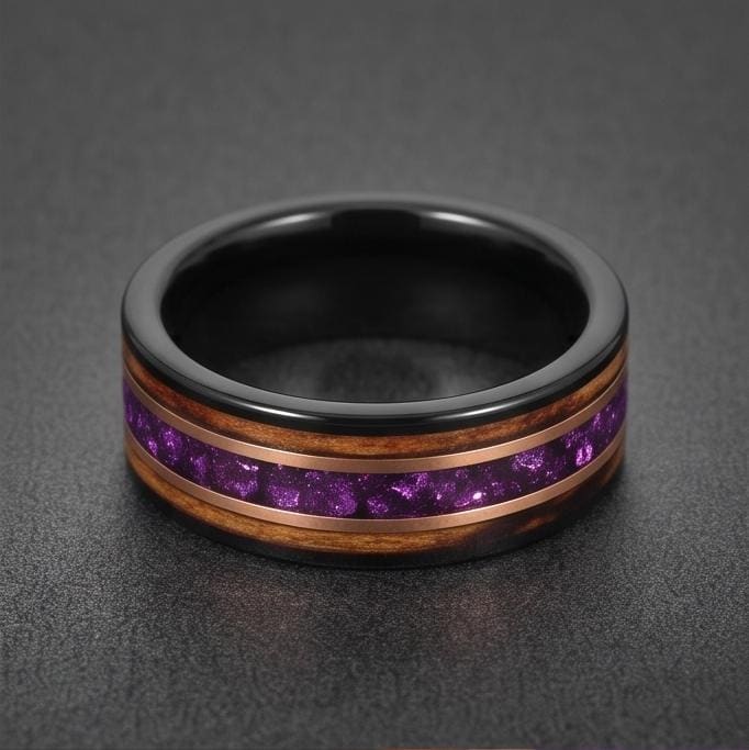 Black Amethyst Ring with Charred Whiskey Barrel ~ Rose Gold Strip Wedding Band ~ Nature Inspired Ring ~ Amethyst Wedding Band