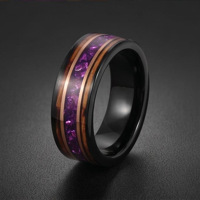 Black Amethyst Ring with Charred Whiskey Barrel ~ Rose Gold Strip Wedding Band ~ Nature Inspired Ring ~ Amethyst Wedding Band