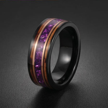 Black Amethyst Ring with Charred Whiskey Barrel ~ Rose Gold Strip Wedding Band ~ Nature Inspired Ring ~ Amethyst Wedding Band