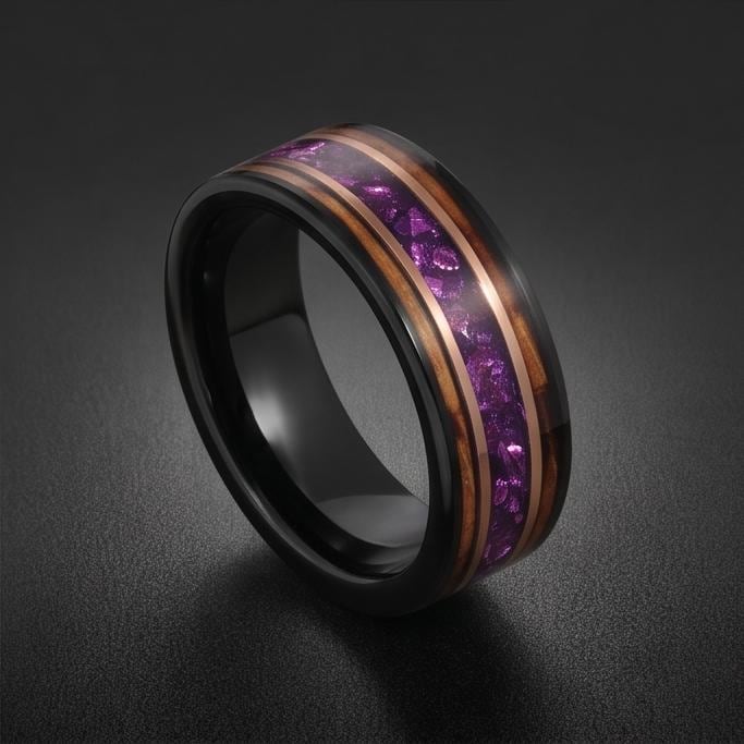 Black Amethyst Ring with Charred Whiskey Barrel ~ Rose Gold Strip Wedding Band ~ Nature Inspired Ring ~ Amethyst Wedding Band