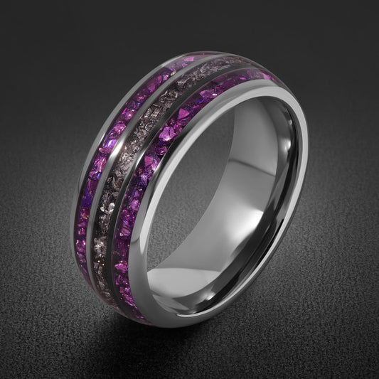Mens Meteorite Ring with Amethyst ~ Silver Tungsten Carbide Amethyst Wedding Band ~ Scratch Resistant Wedding Ring ~ Gemstone