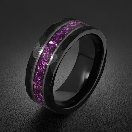 Hammered Black Tungsten Ring with Amethyst Stone ~ Purple Men's Wedding Band ~ 8mm Durable Gothic Promise Ring for Him or