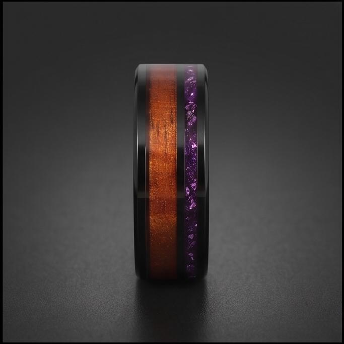 Black Tungsten Ring with Amethyst and Hawaiian Koa Wood Inlay (8mm Band) ~ Scratch Resistant Tungsten Carbide Ring ~ Unique B