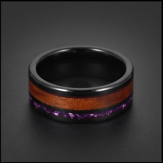 Black Tungsten Ring with Amethyst and Hawaiian Koa Wood Inlay (8mm Band) ~ Scratch Resistant Tungsten Carbide Ring ~ Unique B