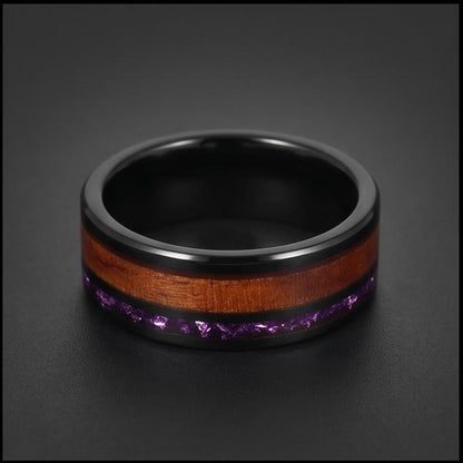 Black Tungsten Ring with Amethyst and Hawaiian Koa Wood Inlay (8mm Band) ~ Scratch Resistant Tungsten Carbide Ring ~ Unique B