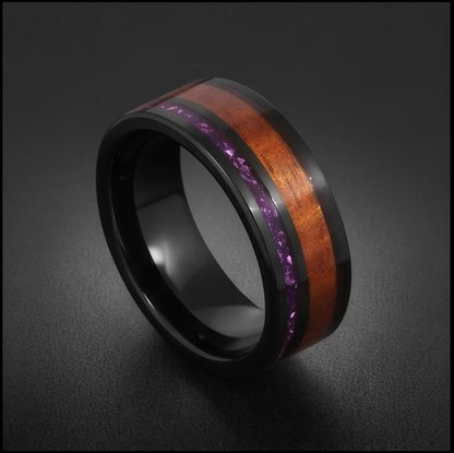 Black Tungsten Ring with Amethyst and Hawaiian Koa Wood Inlay (8mm Band) ~ Scratch Resistant Tungsten Carbide Ring ~ Unique B
