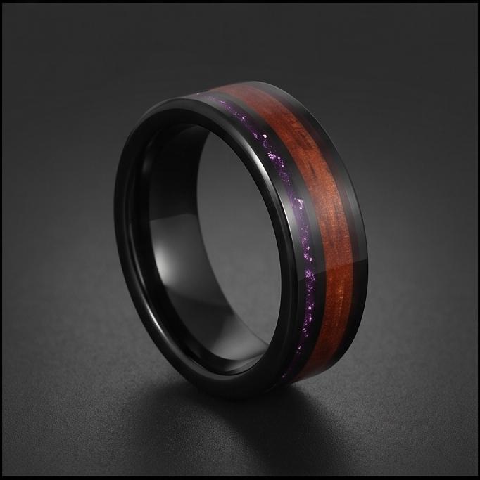 Black Tungsten Ring with Amethyst and Hawaiian Koa Wood Inlay (8mm Band) ~ Scratch Resistant Tungsten Carbide Ring ~ Unique B