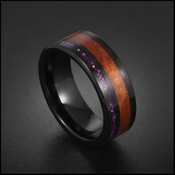 Black Tungsten Ring with Amethyst and Hawaiian Koa Wood Inlay (8mm Band) ~ Scratch Resistant Tungsten Carbide Ring ~ Unique B