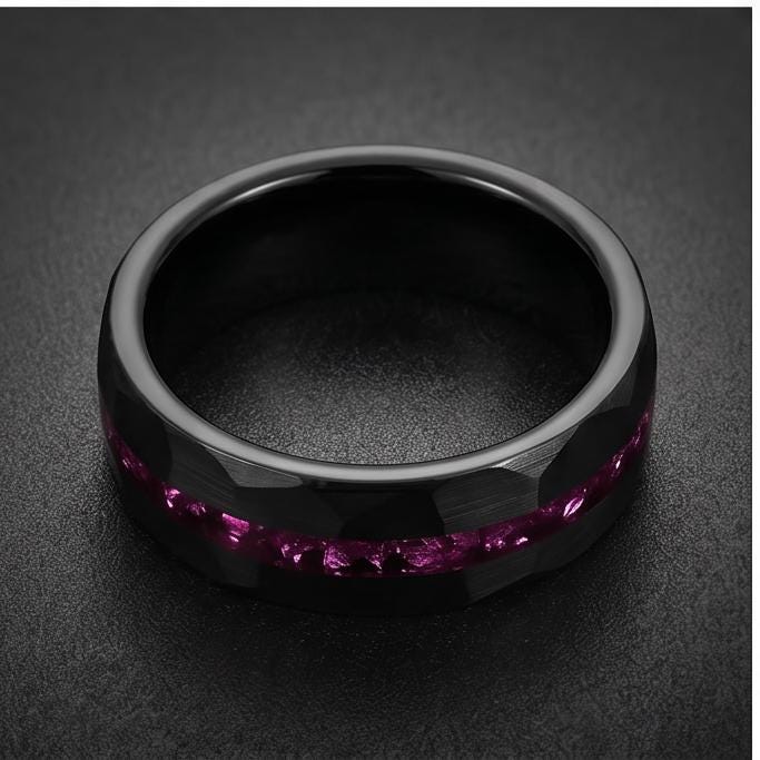 Mens Amethyst Ring ~ Hammered Wedding Bad ~ Unique Promise Ring ~ Elegant Amethyst Jewelry for Engagement, Wedding or Anniver