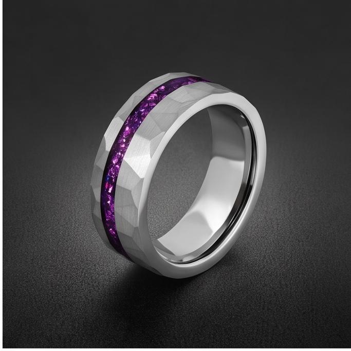 Men Silver and Purple Amethyst Ring ~ Hammered Tungsten Wedding Ring ~ Unisex Promise Ring ~ Men Wedding Band ~ Anniversary R