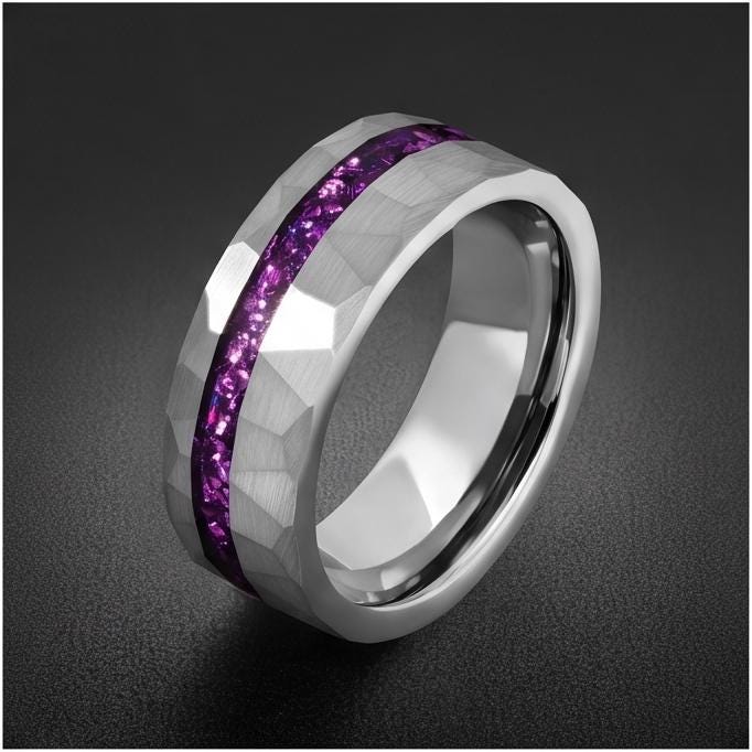 Men Silver and Purple Amethyst Ring ~ Hammered Tungsten Wedding Ring ~ Unisex Promise Ring ~ Men Wedding Band ~ Anniversary R