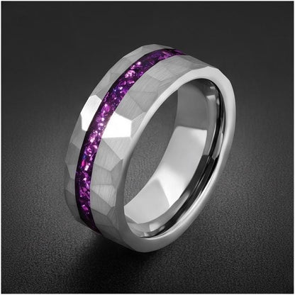 Men Silver and Purple Amethyst Ring ~ Hammered Tungsten Wedding Ring ~ Unisex Promise Ring ~ Men Wedding Band ~ Anniversary R