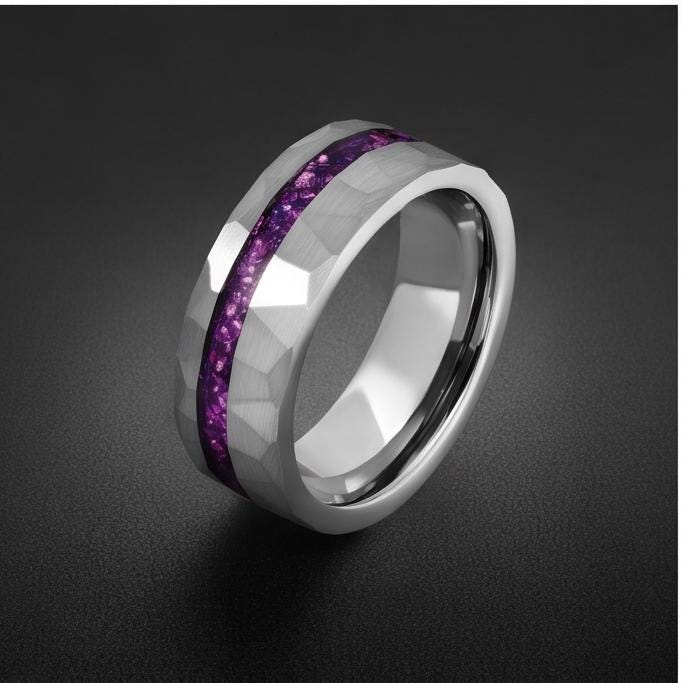 Men Silver and Purple Amethyst Ring ~ Hammered Tungsten Wedding Ring ~ Unisex Promise Ring ~ Men Wedding Band ~ Anniversary R