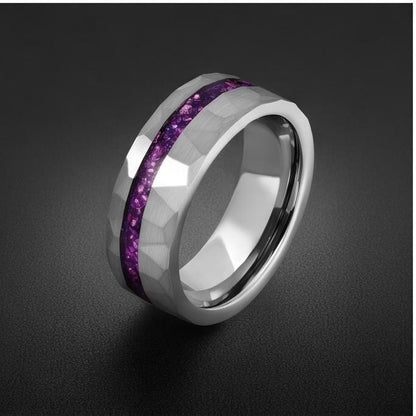 Men Silver and Purple Amethyst Ring ~ Hammered Tungsten Wedding Ring ~ Unisex Promise Ring ~ Men Wedding Band ~ Anniversary R