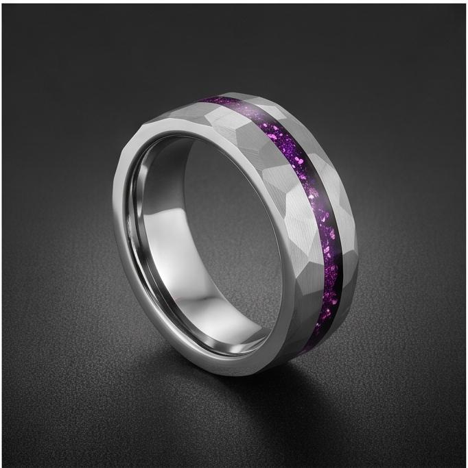 Men Silver and Purple Amethyst Ring ~ Hammered Tungsten Wedding Ring ~ Unisex Promise Ring ~ Men Wedding Band ~ Anniversary R