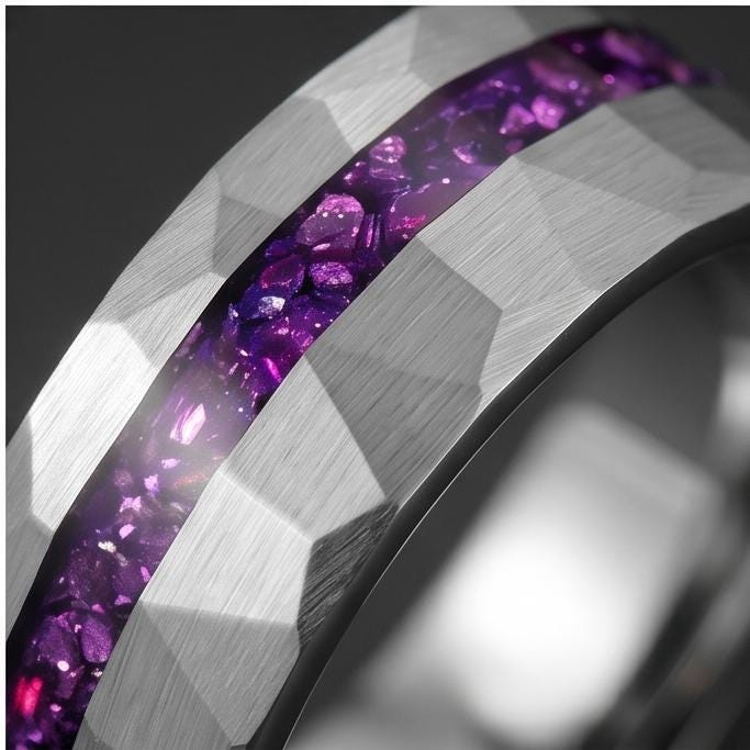Men Silver and Purple Amethyst Ring ~ Hammered Tungsten Wedding Ring ~ Unisex Promise Ring ~ Men Wedding Band ~ Anniversary R