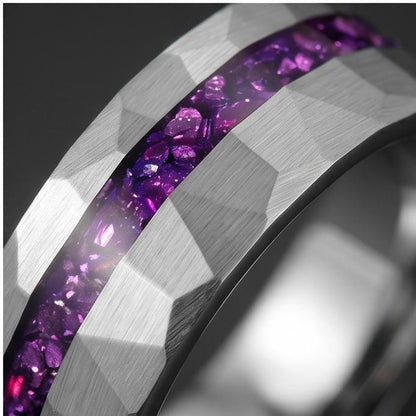 Men Silver and Purple Amethyst Ring ~ Hammered Tungsten Wedding Ring ~ Unisex Promise Ring ~ Men Wedding Band ~ Anniversary R