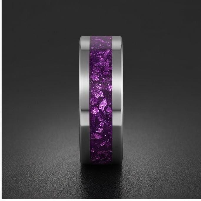 Silver Tungsten Carbide Purple Wedding Band with Amethyst ~ Purple Wedding Ring for Her or Him ~ Statement Jewelry ~ Amethyst
