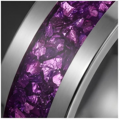 Silver Tungsten Carbide Purple Wedding Band with Amethyst ~ Purple Wedding Ring for Her or Him ~ Statement Jewelry ~ Amethyst