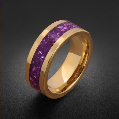 Gold Tungsten Carbide Ring with Amethyst | 4mm, 8mm Thin / Thick Wedding Band | Unisex Anniversary Promise Gift for Her or Hi