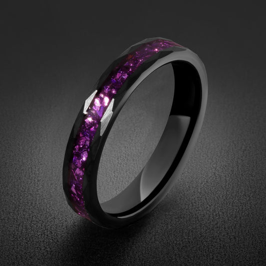 Amethyst Ring, Hammered Tungsten Ring, Hammered Black Ring, Black Tungsten Ring, Mens Wedding Band, Black Wedding Ring, Anniv