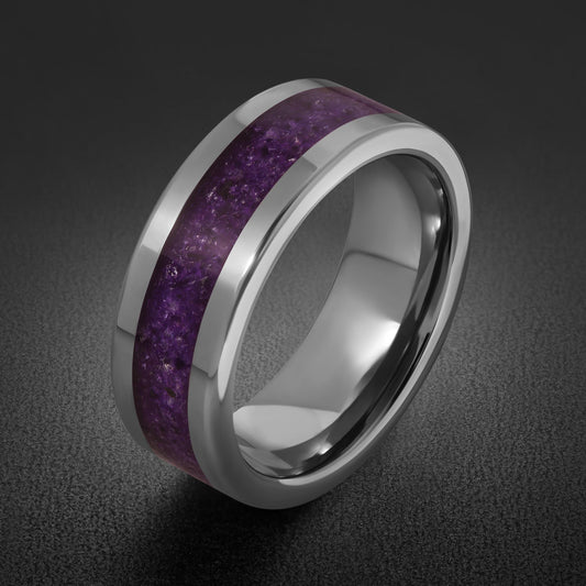 Men Amethyst Silver Ring ~ Purple Anniversary Promise Ring Gift for Couple ~ Tungsten Carbide Wedding Band ~ Unisex Festival 