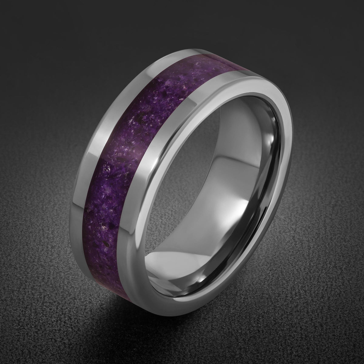 Silver Tungsten Ring with Amethyst | Purple Gemstone Statement Jewelry ~ Durable Everyday Band for Her, Unique Anniversary Gi