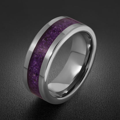 Silver Tungsten Ring with Amethyst | Purple Gemstone Statement Jewelry ~ Durable Everyday Band for Her, Unique Anniversary Gi