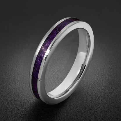 Silver Tungsten Ring with Amethyst | Purple Gemstone Statement Jewelry ~ Durable Everyday Band for Her, Unique Anniversary Gi
