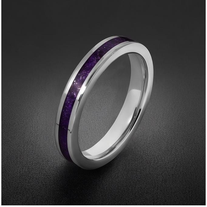 Men Amethyst Silver Ring ~ Purple Anniversary Promise Ring Gift for Couple ~ Tungsten Carbide Wedding Band ~ Unisex Festival 